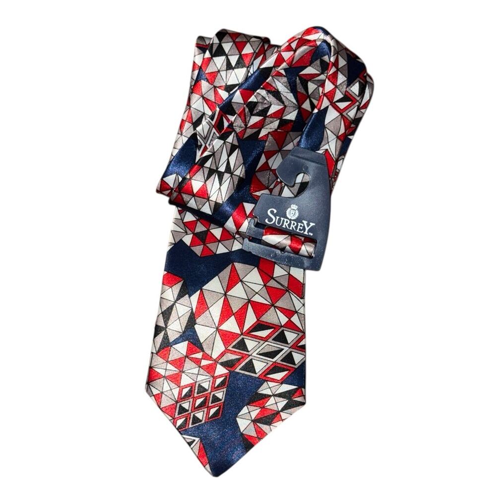 Vintage Surrey Men’s Tie Geometric Cube Pattern Red Navy Silver‎ Bold Necktie